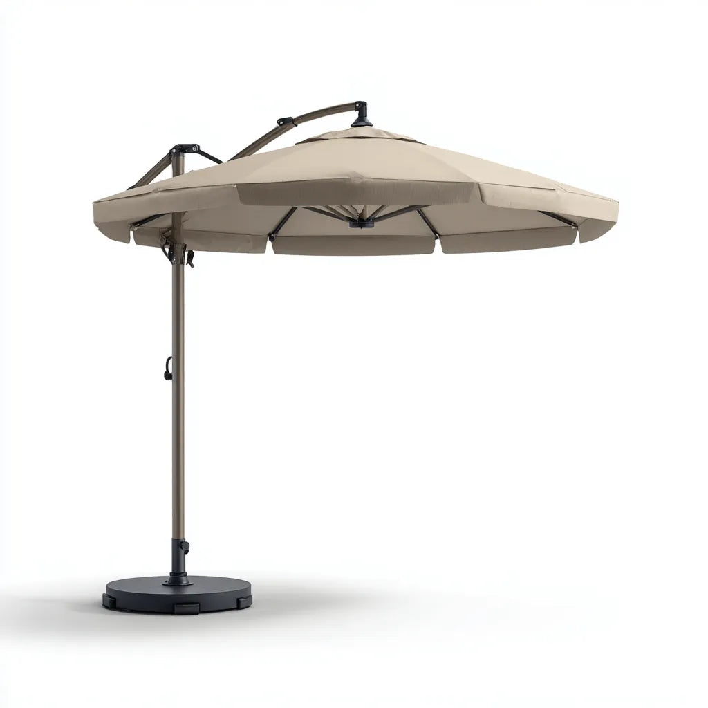 Ombrellone da sole per esterni 290×290×255 cm in tessuto beige e metallo nero - struttura decentrata con base rotonda