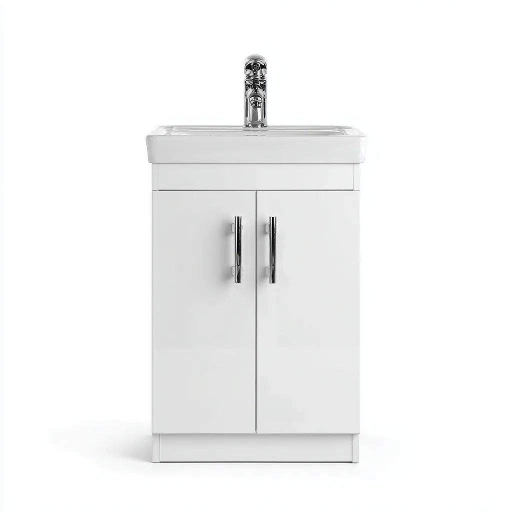 Mobile lavabo da bagno 50×38×82 cm in legno bianco e ceramica bianca - da terra con vano contenitore